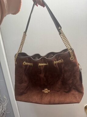 COACH Evelyn Brown Suede Drawstring Shoulder Bag with Gold Chain